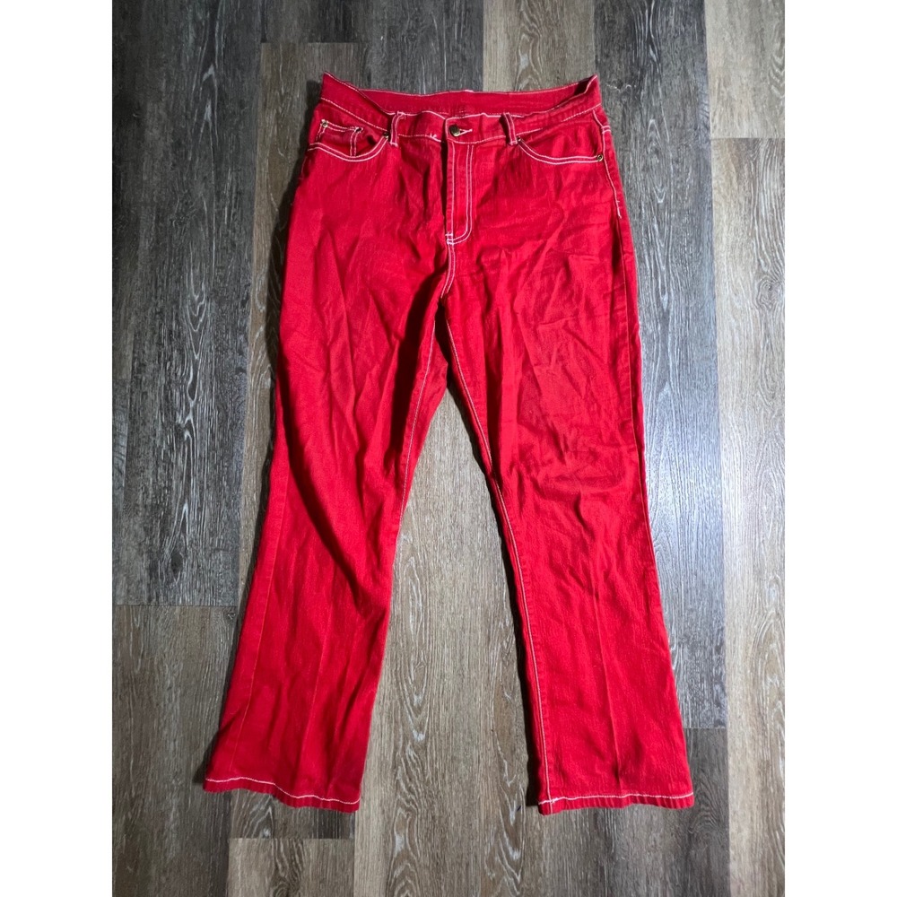 DG2 Diane Gilman Jeans Womens 14 Red Contrast Stitch Straight Leg Denim 2551